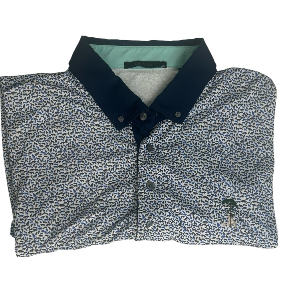 Greyson Navy Polo with Blue and White Leaf Print